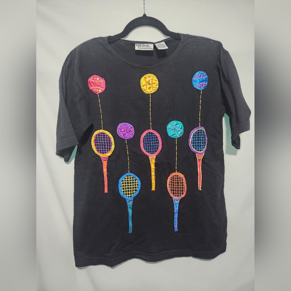 80s-90s Artwear Tennis Tshirt. All Points by Reference Point. Black Size Medium